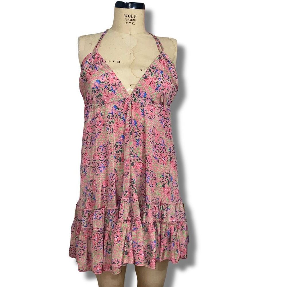 Mamey Women’s Size Small Tie Neck Tassel Halter Mini Dress Pink Ruffle Hem